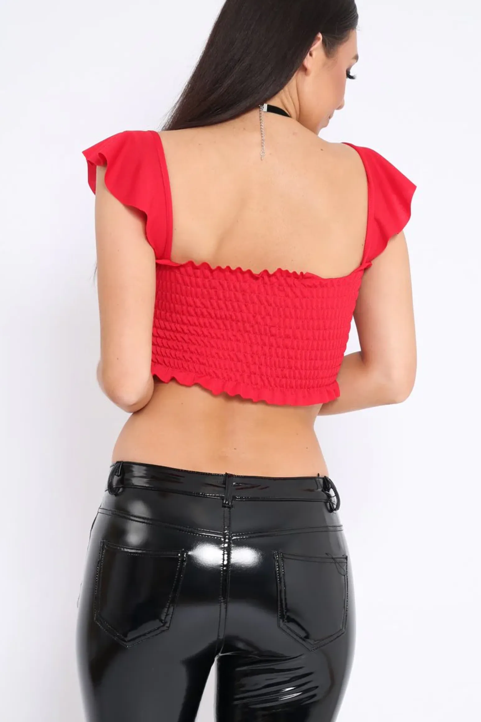 Rebellious Fashion Red Smocked Frill Crop Top - Lenni