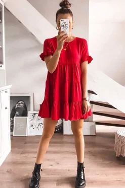 Rebellious Fashion Red Smock Tiered Frill Sleeve Mini Dress - Olah