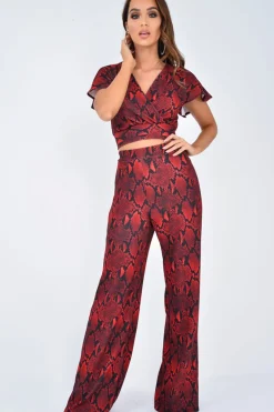 Rebellious Fashion Red Snake Print Tie Back Crop Top And Wide Leg Trouser Co-ord - Georgine