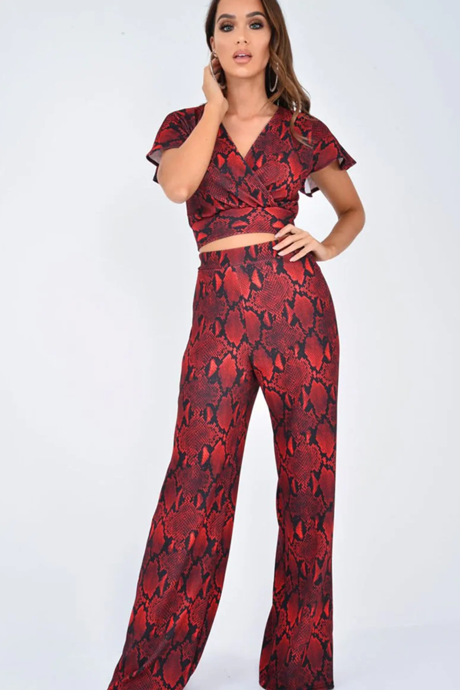 Rebellious Fashion Red Snake Print Tie Back Crop Top And Wide Leg Trouser Co-ord - Georgine