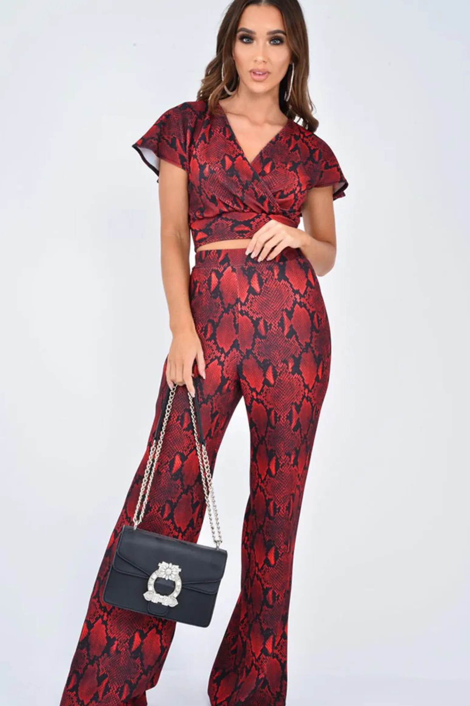 Rebellious Fashion Red Snake Print Tie Back Crop Top And Wide Leg Trouser Co-ord - Georgine