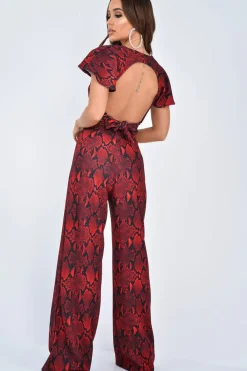 Rebellious Fashion Red Snake Print Tie Back Crop Top And Wide Leg Trouser Co-ord - Georgine