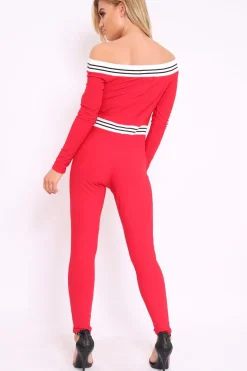 Rebellious Fashion Red Sports Trim Bardot Jumpsuit - Millie