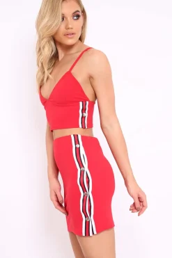 Rebellious Fashion Red Sports Trim Bralet and Skirt Co-ord - Evangeline