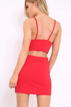 Rebellious Fashion Red Sports Trim Bralet and Skirt Co-ord - Evangeline