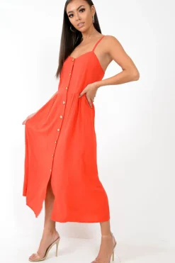 Rebellious Fashion Red Strappy Button Down Midi Dress - Shaelee
