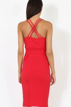 Rebellious Fashion Red Strappy Ribbed Mesh Insert Midi Dress - Isabelle