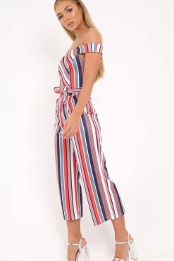Rebellious Fashion Red Stripe Bardot Culotte Jumpsuit - Annarae