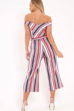Rebellious Fashion Red Stripe Bardot Culotte Jumpsuit - Annarae