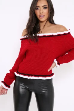 Rebellious Fashion Red Stripe Bardot Knitted Jumper - Bailey