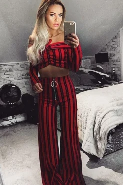 Rebellious Fashion Red Stripe Bardot Ruffle Top and Trouser Set - Inas