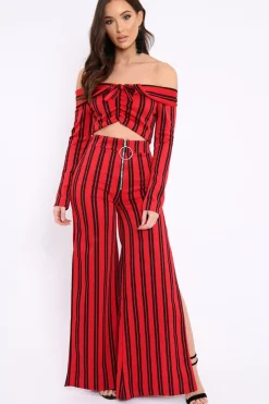 Rebellious Fashion Red Stripe Bardot Ruffle Top and Trouser Set - Inas