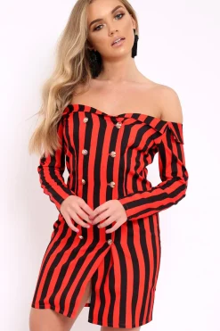 Rebellious Fashion Red Stripe Button Detail Dress - Aaliyana