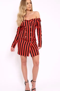 Rebellious Fashion Red Stripe Button Detail Dress - Aaliyana