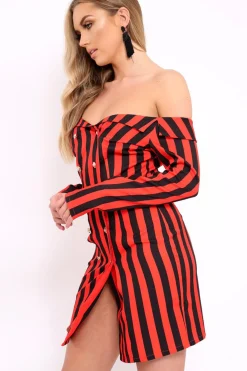 Rebellious Fashion Red Stripe Button Detail Dress - Aaliyana