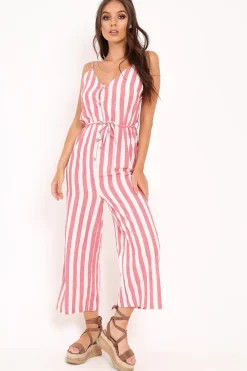 Rebellious Fashion Red Stripe Button Up Jumpsuit - Zayda