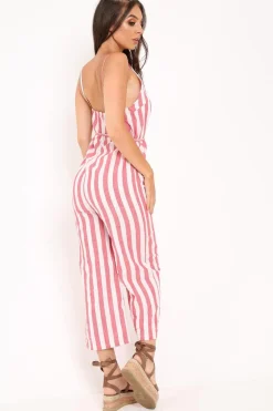 Rebellious Fashion Red Stripe Button Up Jumpsuit - Zayda