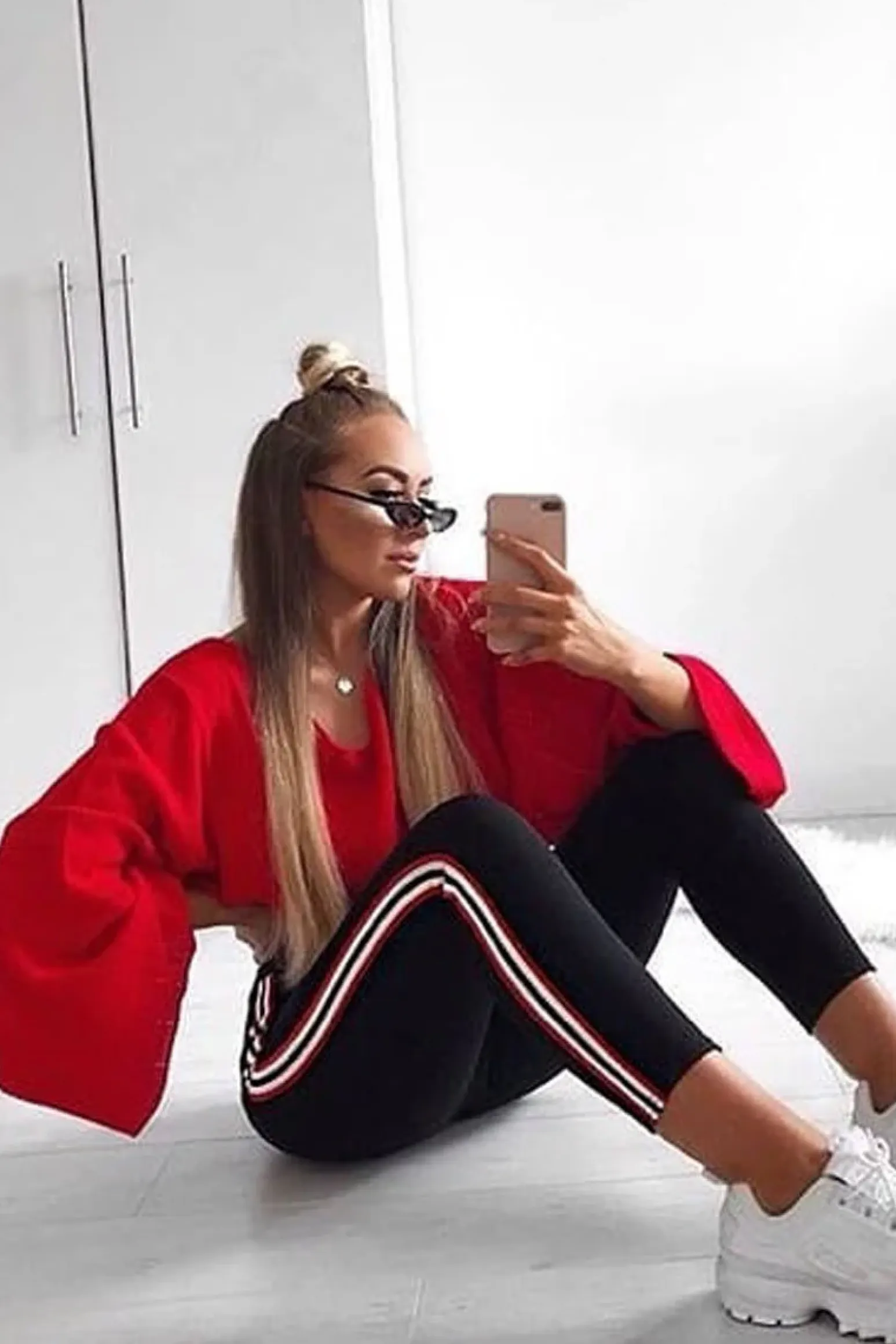 Rebellious Fashion Red Striped Cropped Batwing Jumper with V neck - Karri
