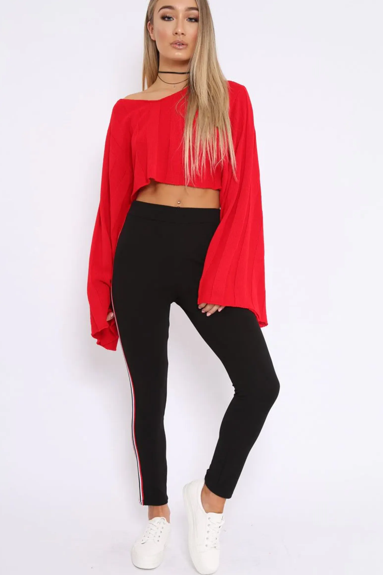 Rebellious Fashion Red Striped Cropped Batwing Jumper with V neck - Karri