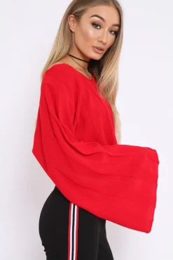 Rebellious Fashion Red Striped Cropped Batwing Jumper with V neck - Karri
