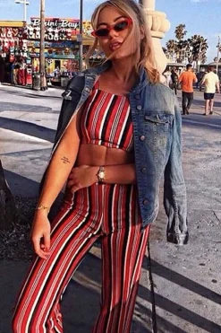 Rebellious Fashion Red Striped Crop Top and Trousers Co-ord Set - Kimmy