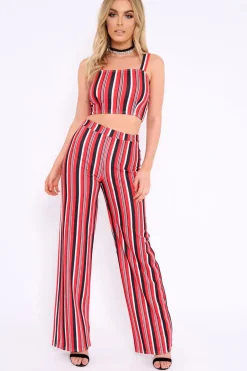 Rebellious Fashion Red Striped Crop Top and Trousers Co-ord Set - Kimmy