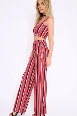 Rebellious Fashion Red Striped Crop Top and Trousers Co-ord Set - Kimmy