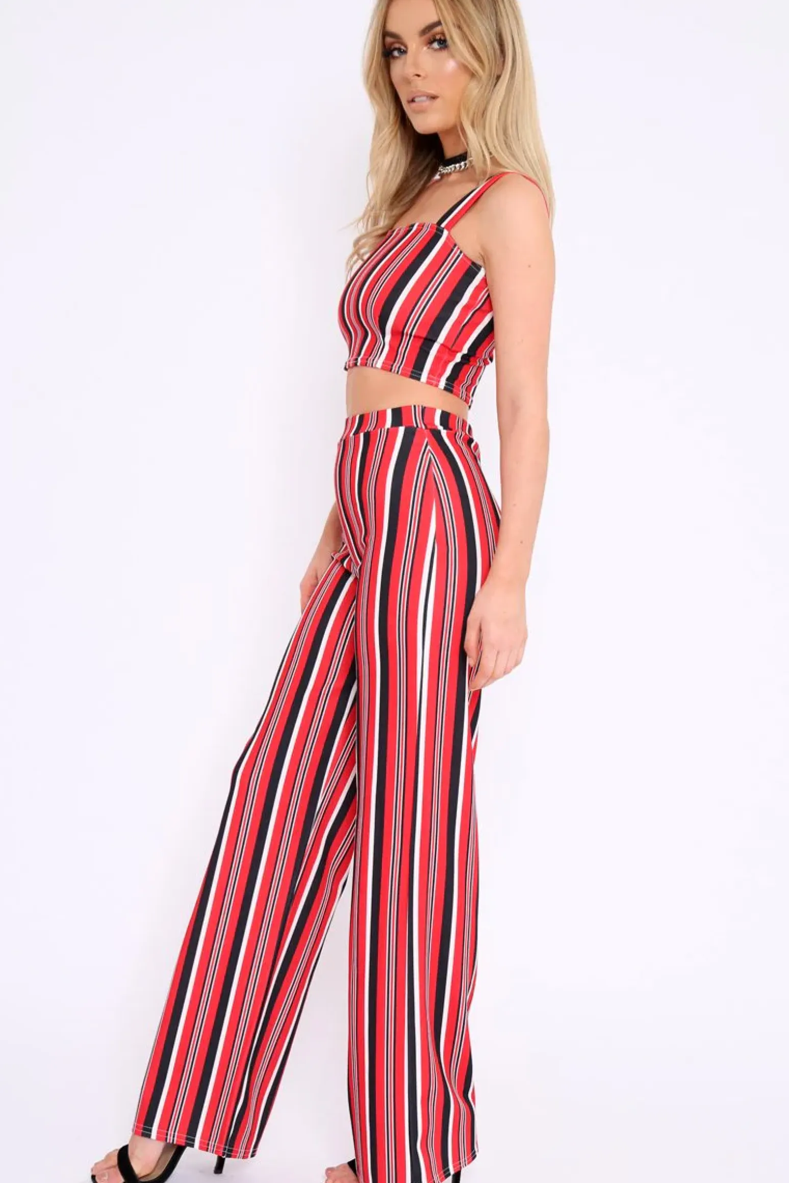 Rebellious Fashion Red Striped Crop Top and Trousers Co-ord Set - Kimmy
