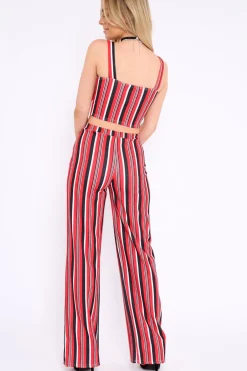 Rebellious Fashion Red Striped Crop Top and Trousers Co-ord Set - Kimmy