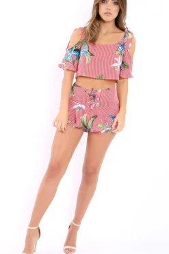 Rebellious Fashion Red Striped Floral Cold Shoulder Top - Madalene