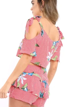 Rebellious Fashion Red Striped Floral Shorts - Madalene