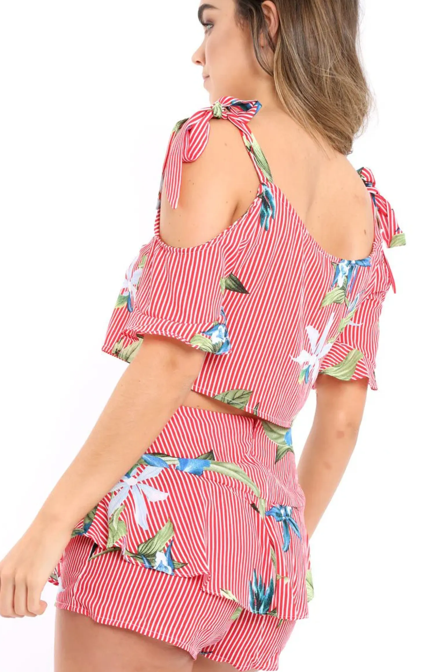 Rebellious Fashion Red Striped Floral Shorts - Madalene