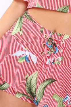 Rebellious Fashion Red Striped Floral Shorts - Madalene