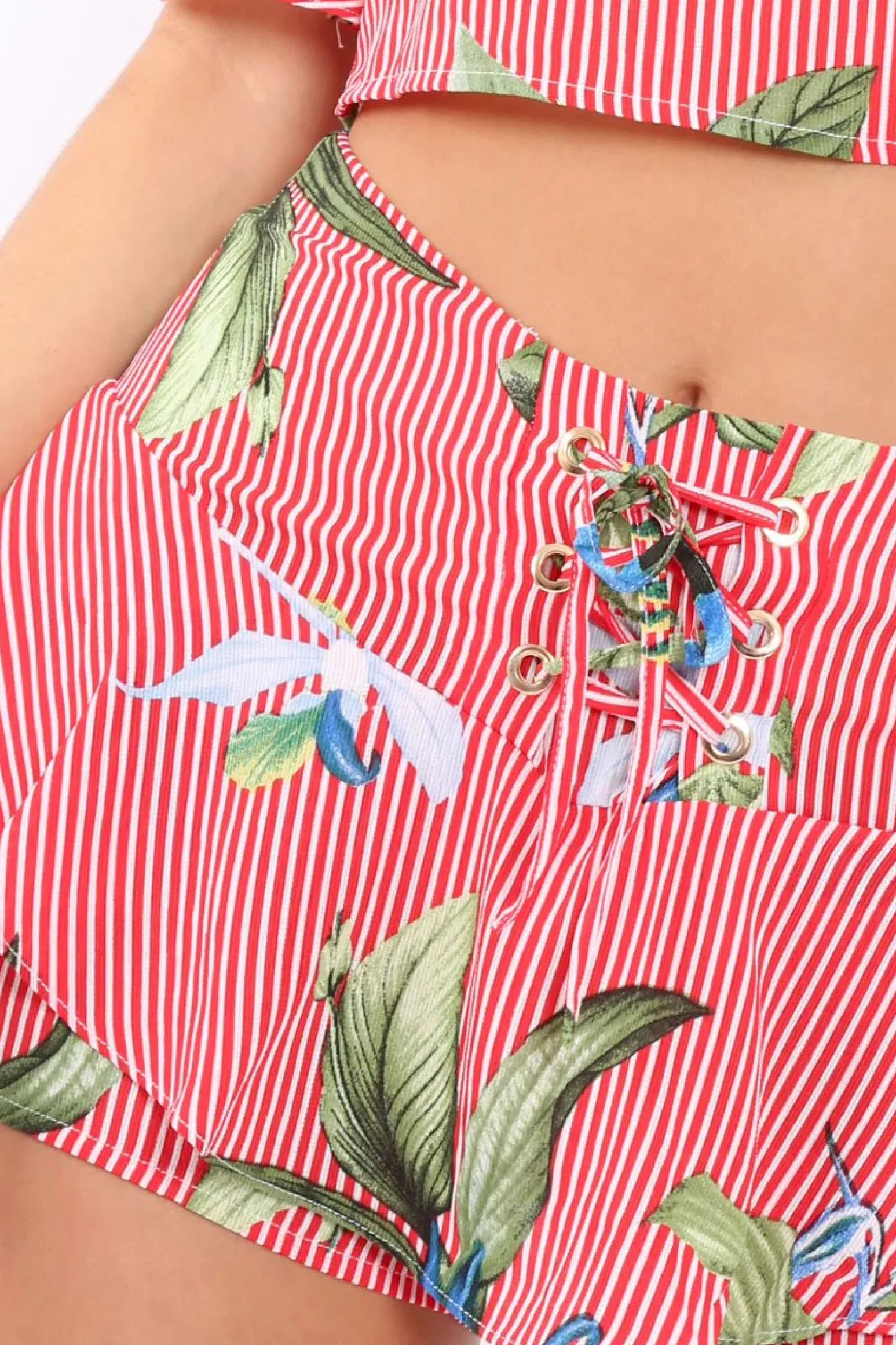 Rebellious Fashion Red Striped Floral Shorts - Madalene