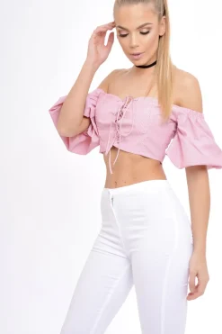 Rebellious Fashion Red Striped Lace Up Bardot Crop Top - Malin