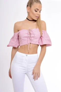 Rebellious Fashion Red Striped Lace Up Bardot Crop Top - Malin