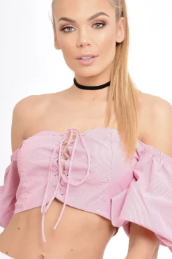 Rebellious Fashion Red Striped Lace Up Bardot Crop Top - Malin