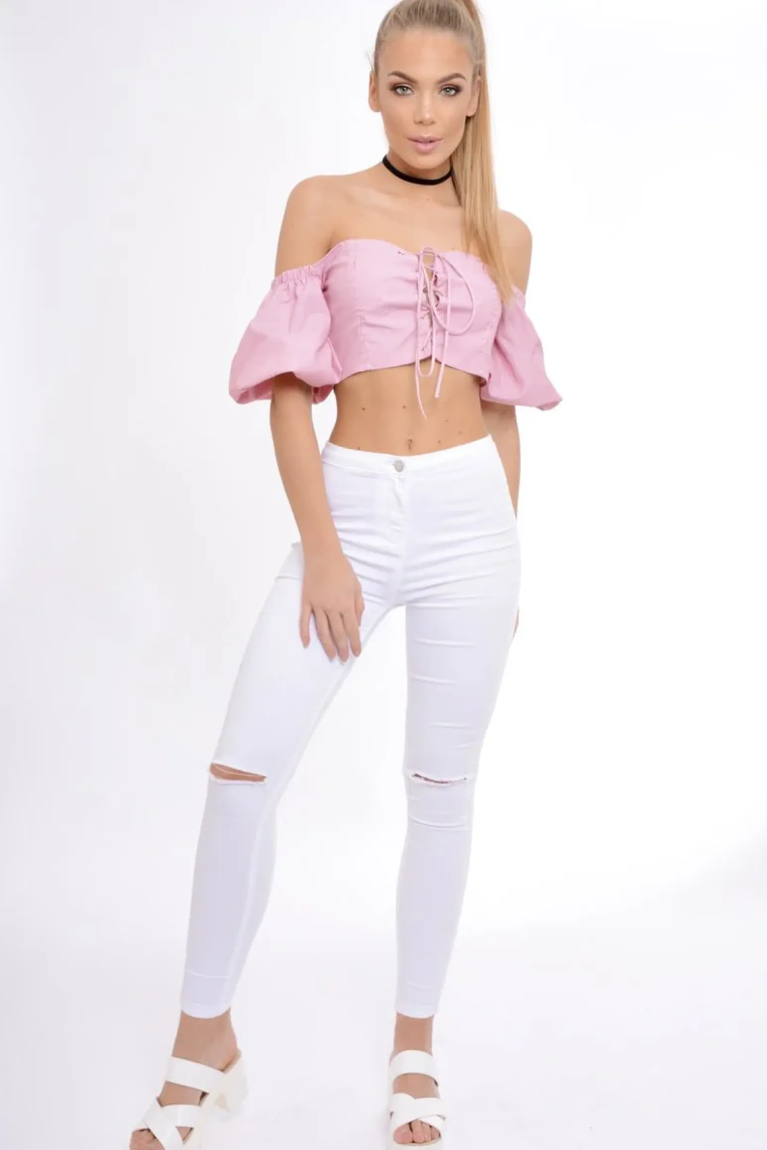 Rebellious Fashion Red Striped Lace Up Bardot Crop Top - Malin
