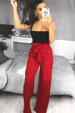 Rebellious Fashion Red Striped Paper Bag Tie Waist Wide Leg Trousers - Kennedy
