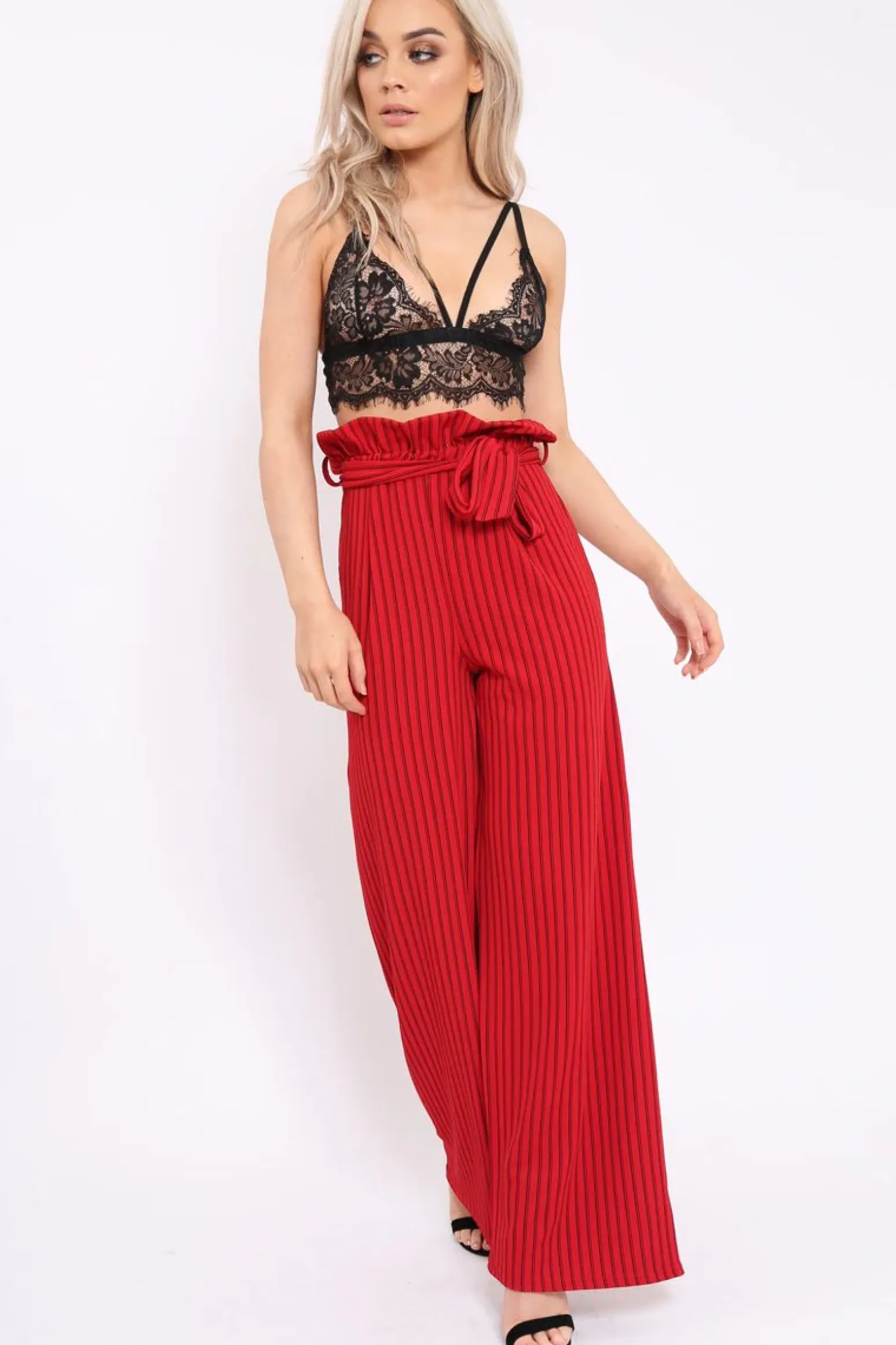 Rebellious Fashion Red Striped Paper Bag Tie Waist Wide Leg Trousers - Kennedy