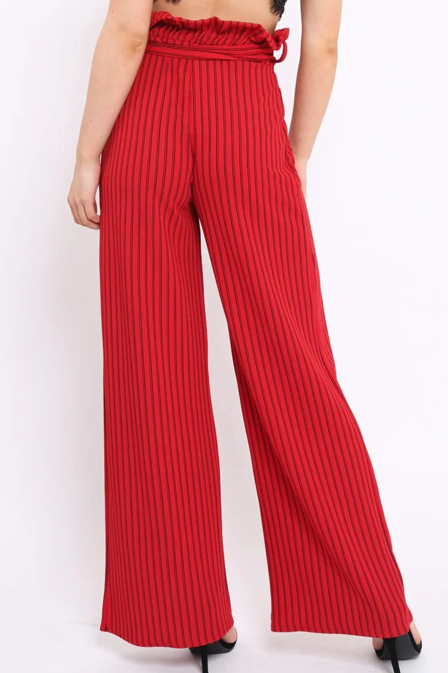 Rebellious Fashion Red Striped Paper Bag Tie Waist Wide Leg Trousers - Kennedy
