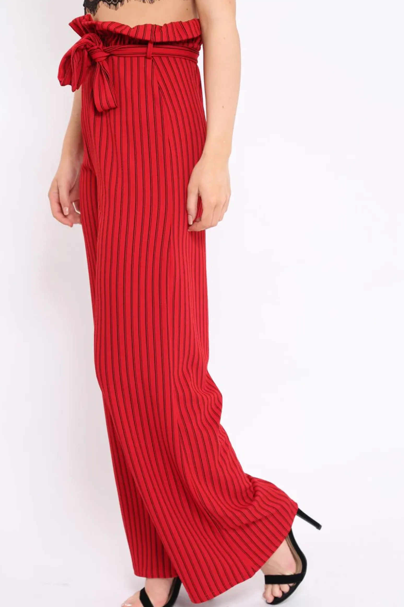 Rebellious Fashion Red Striped Paper Bag Tie Waist Wide Leg Trousers - Kennedy