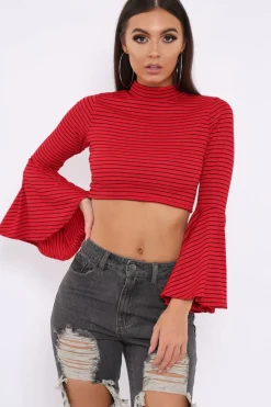 Rebellious Fashion Red Stripe Flare Sleeve Crop Top - Heela