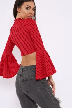 Rebellious Fashion Red Stripe Flare Sleeve Crop Top - Heela