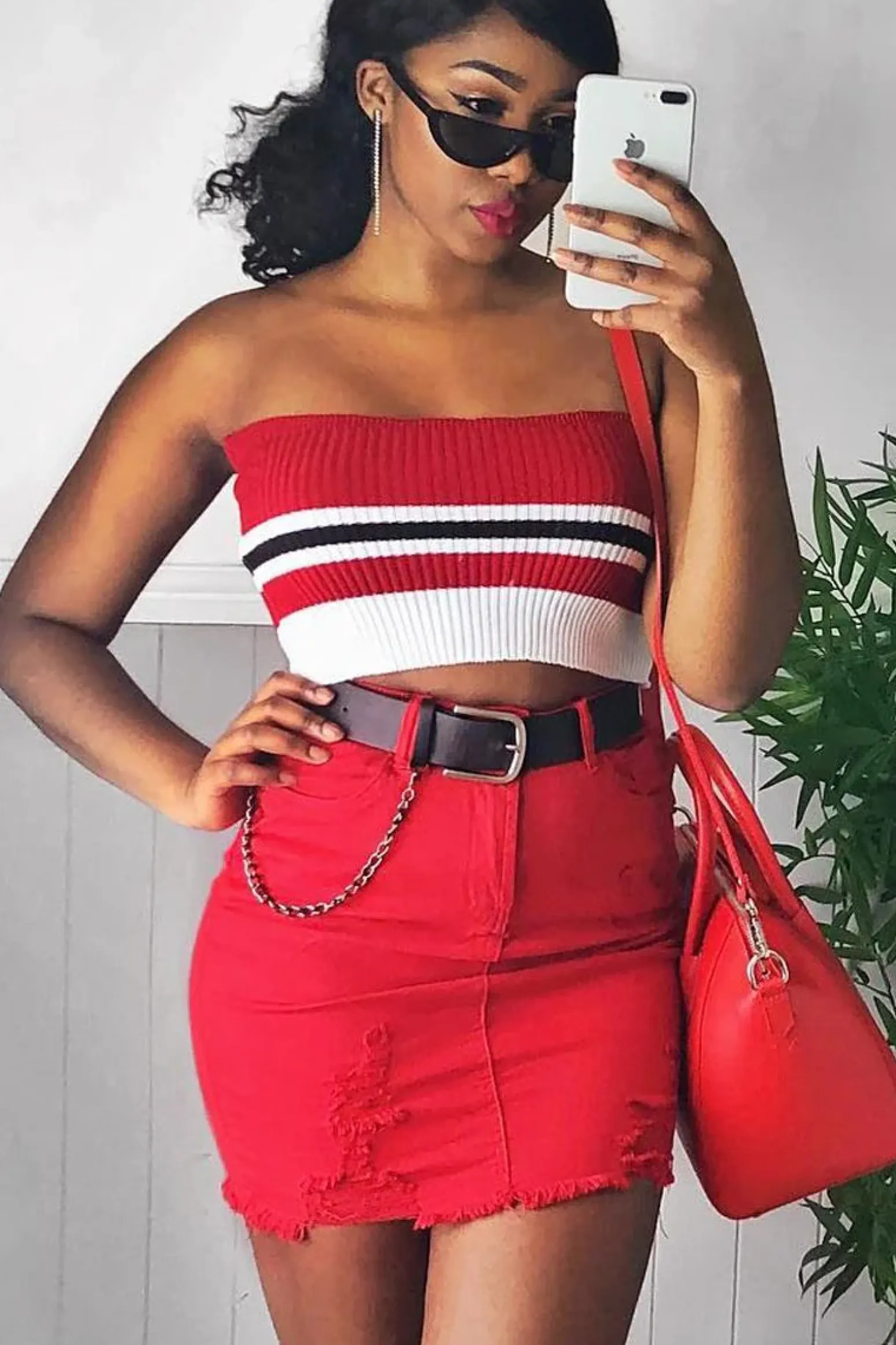 Rebellious Fashion Red Stripe Knit Frill Bandeau Crop Top - Poppy