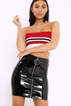 Rebellious Fashion Red Stripe Knit Frill Bandeau Crop Top - Poppy