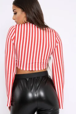 Rebellious Fashion Red Stripe Knot Front Crop Top with Flare Sleeves - Jamison