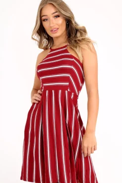 Rebellious Fashion Red Stripe Multi Strap Skater Dress - Kadince
