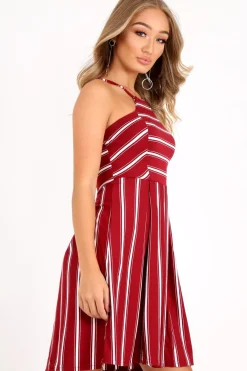 Rebellious Fashion Red Stripe Multi Strap Skater Dress - Kadince