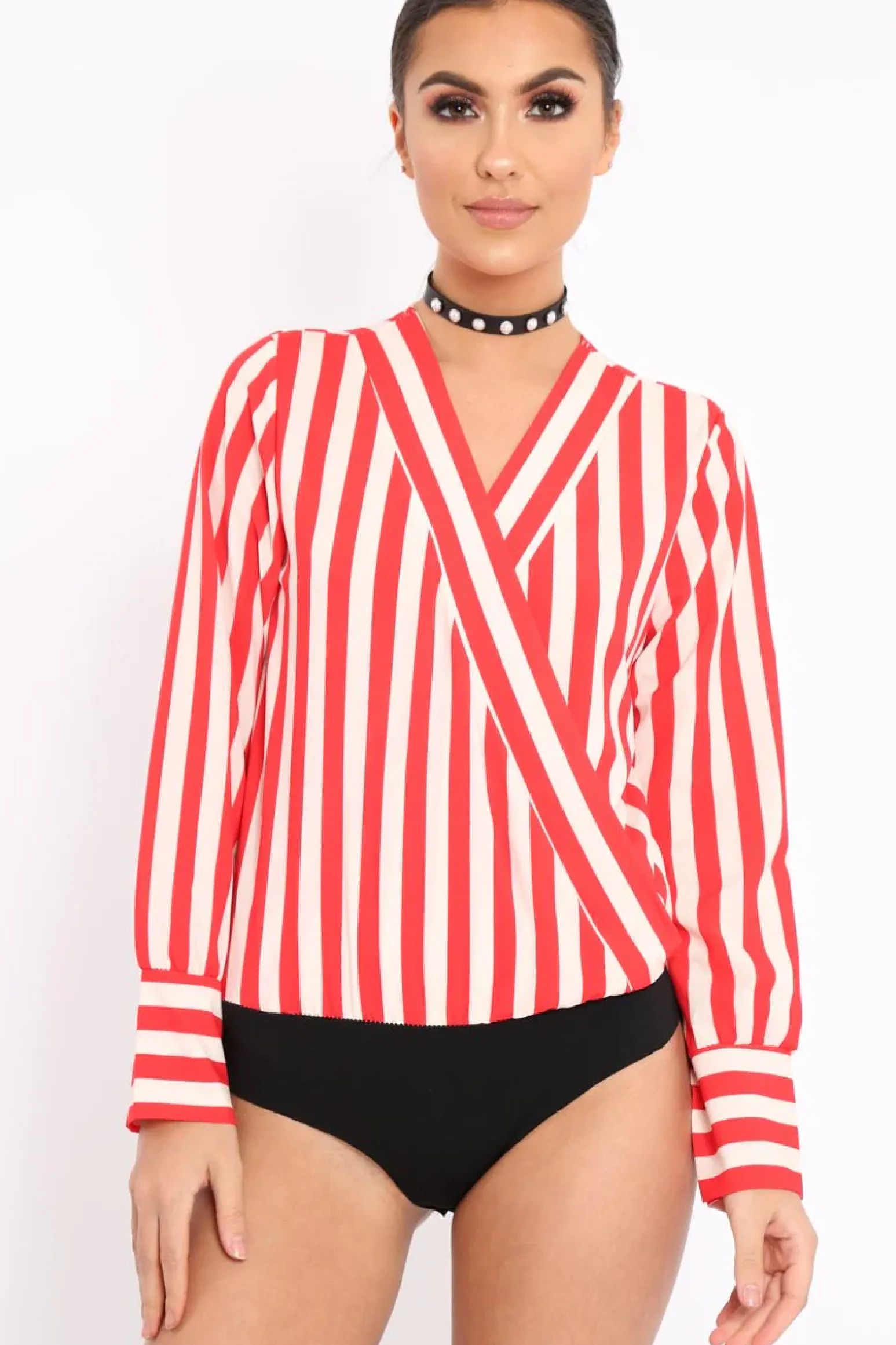 Rebellious Fashion Red Stripe Plunge Satin Bodysuit - North